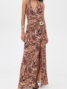 Runaway The Label Marbella Halter Maxi Dress in Mendez Brown-XL